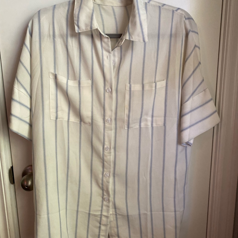 Classic White and Blue Striped Women’s Oversized Button Up Shirt